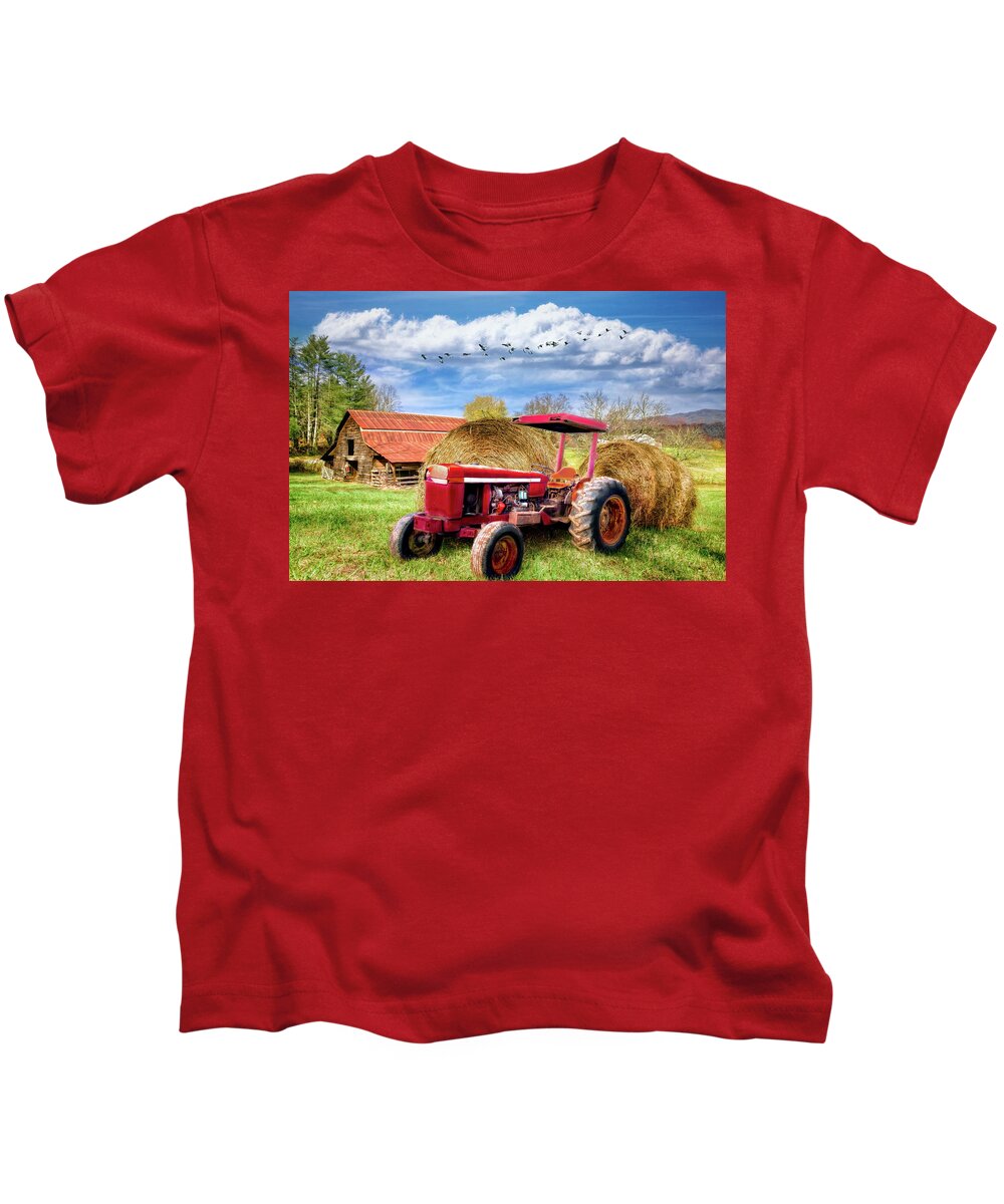 Andrews Kids T-Shirt featuring the photograph Country Red Farm Tractor by Debra and Dave Vanderlaan