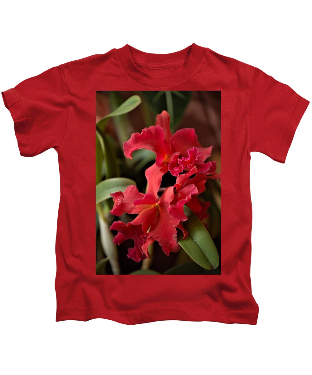 Orchid Kids T-Shirt featuring the mixed media Crimson Cattleya Orchids by Nancy Ayanna Wyatt
