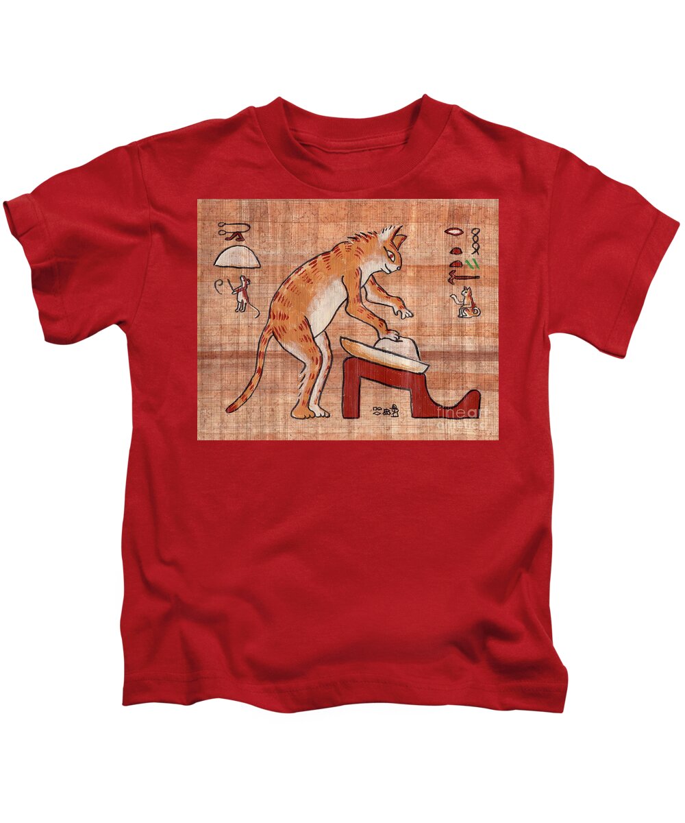 Cat Kids T-Shirt featuring the painting Egyptian Cat Kneading Bread Dough by Pet Serrano