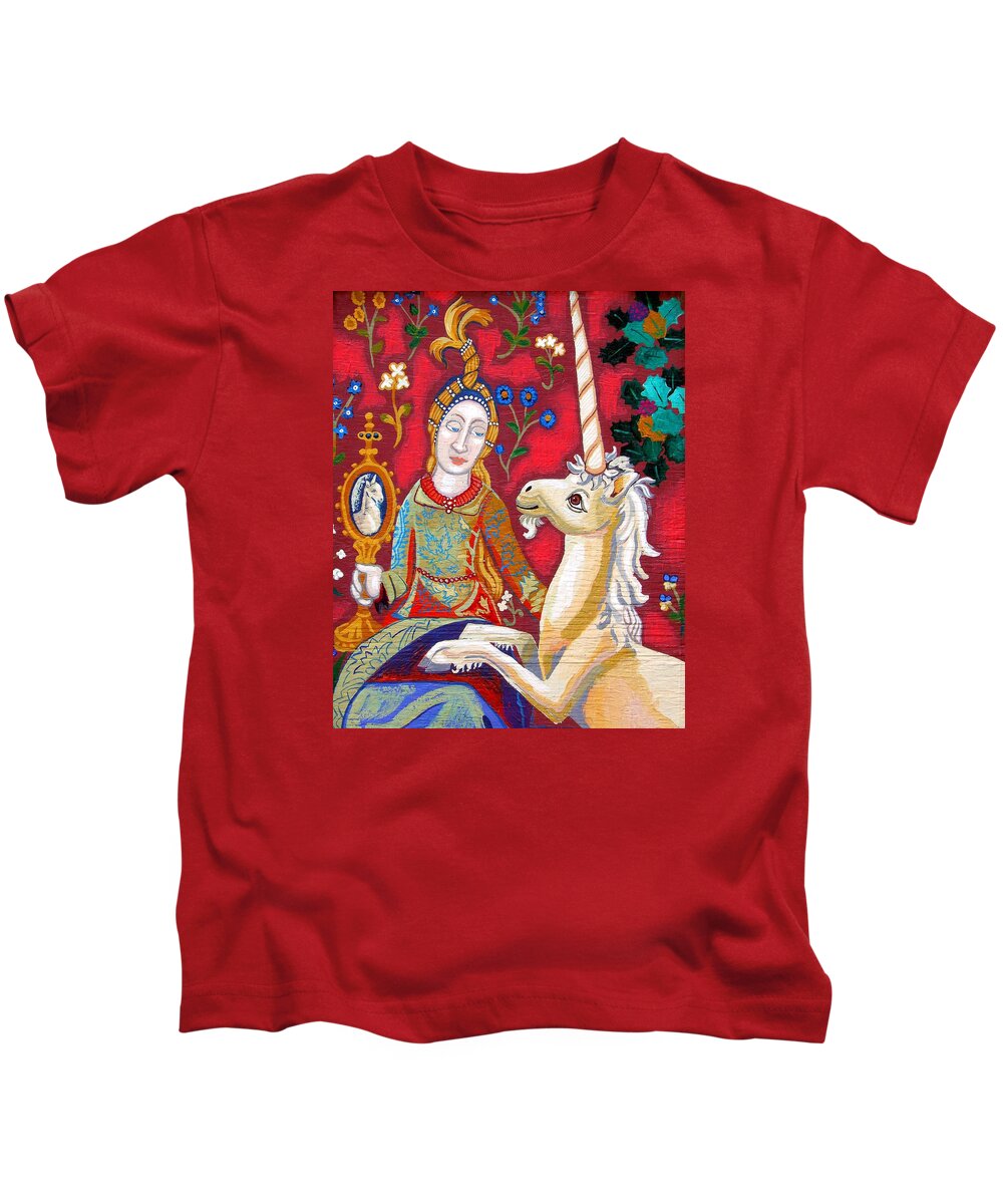 Medieval Tapestries Kids T-Shirt featuring the painting Lady And The Unicorn Sight by Genevieve Esson