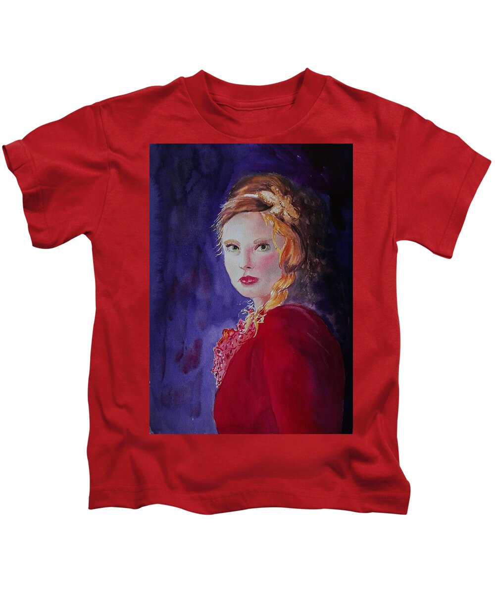Portrait Kids T-Shirt featuring the painting Lady in Red by Sandie Croft