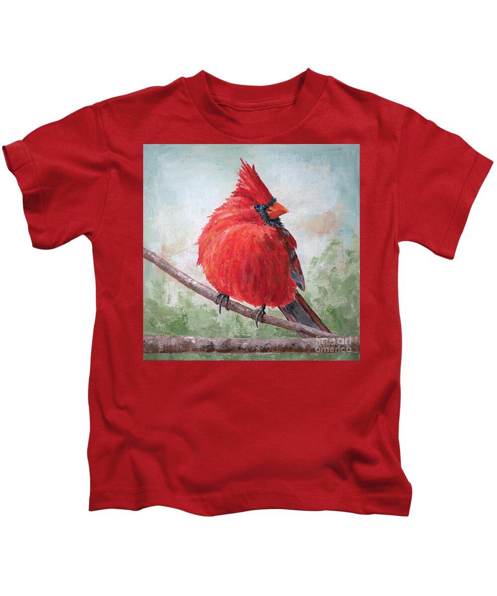 Cardinal Kids T-Shirt featuring the painting Morning Song - Cardinal Painting by Annie Troe