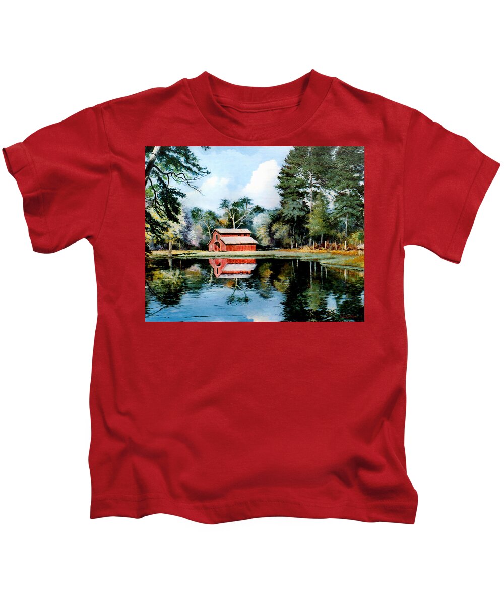 Old Barn Kids T-Shirt featuring the painting Old Red Barn by Randy Welborn