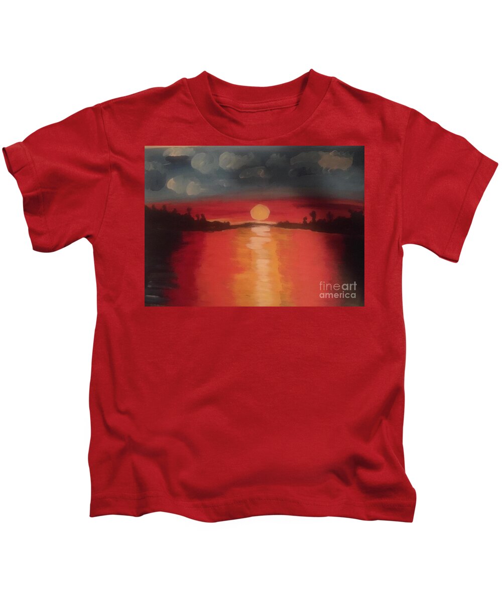Red Hot Sunset Heat Beauty Nature Love Muskoka Cottage Country Canada Kids T-Shirt featuring the painting Red Hot Sunset by Nina Jatania