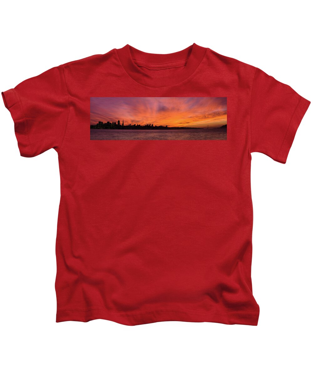 Golden Gate Bridge Kids T-Shirt featuring the photograph San Fran and the Golden Gate Bridge Panorama by Linda Villers