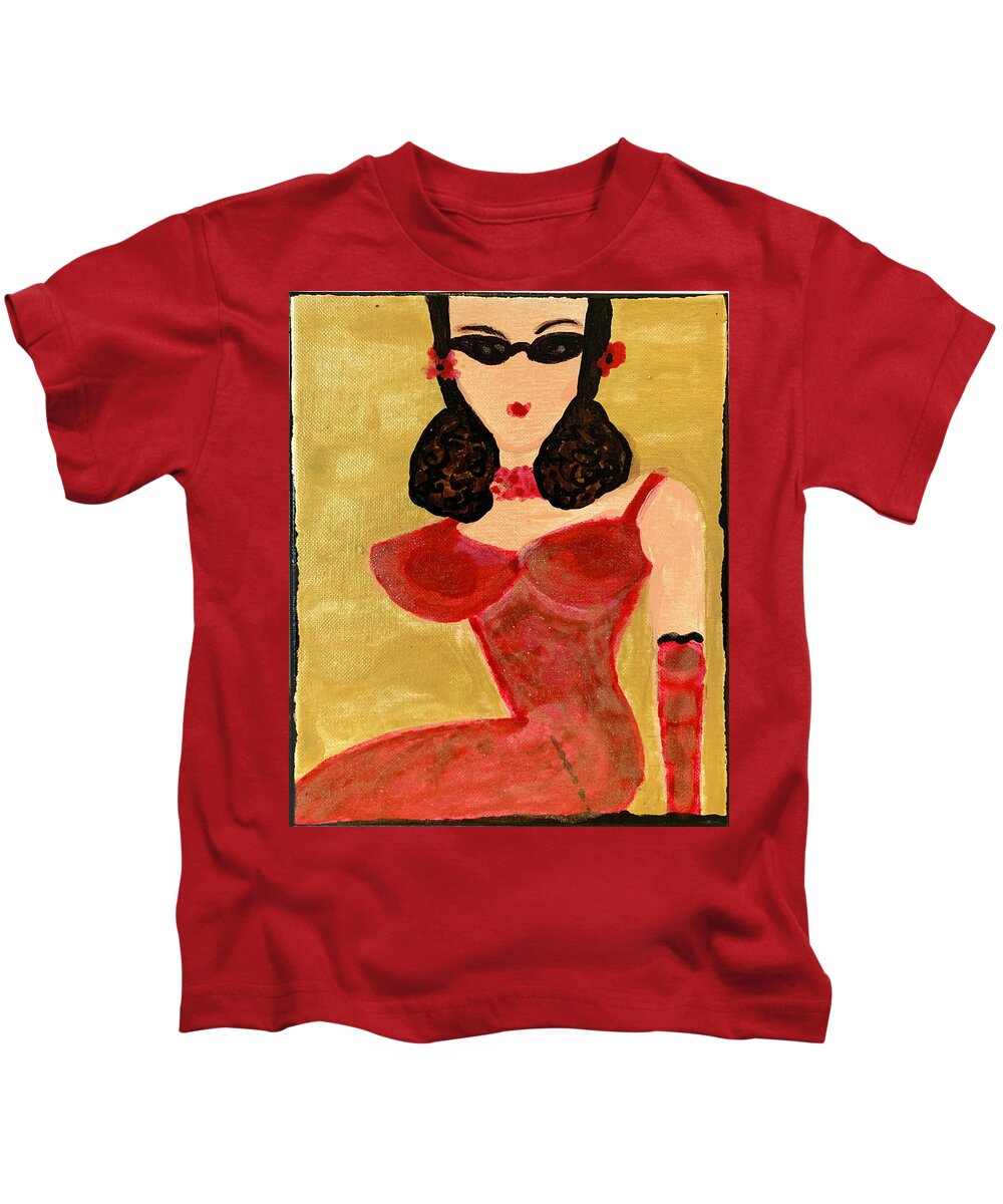 Lady In Red Kids T-Shirt featuring the painting Sassy in Red by Leslie Porter