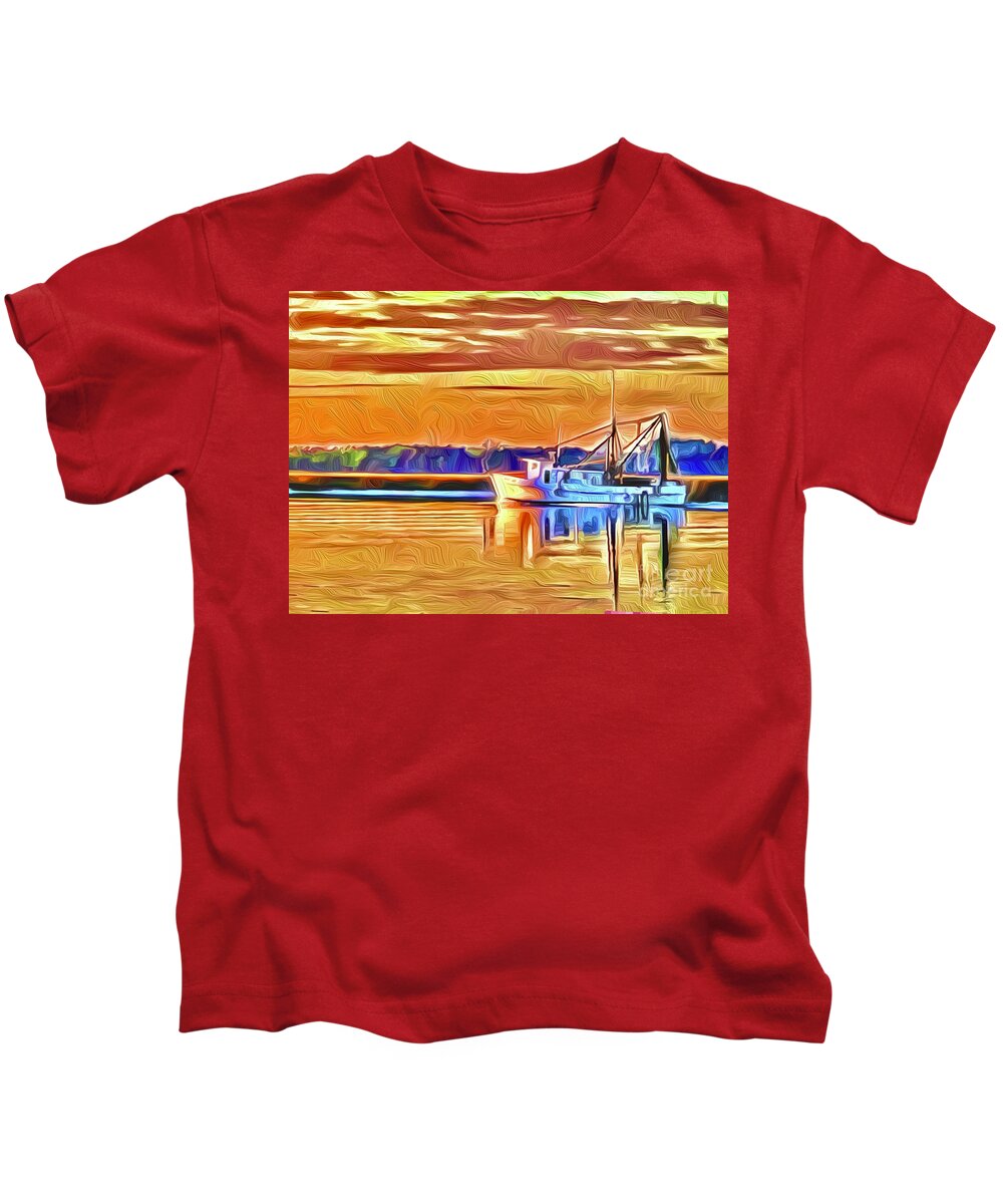  Kids T-Shirt featuring the digital art Shrimp boat at Sunrise by Michael Stothard