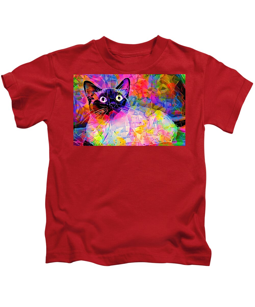 Alerted Cat Kids T-Shirt featuring the digital art Siamese cat with a worried expression - colorful irregular tiles mosaic effect by Nicko Prints