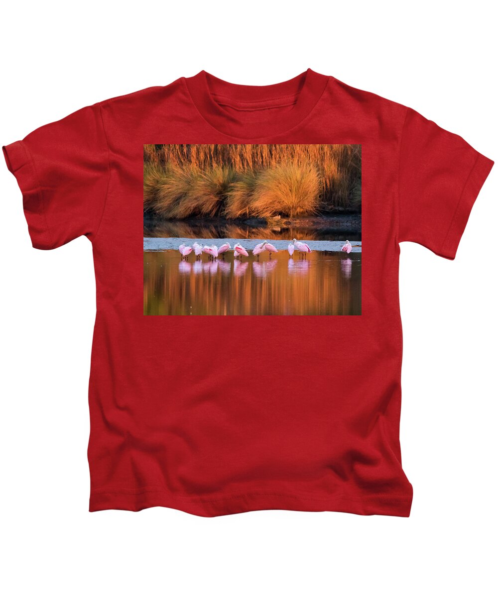 Roseate Spoonbills Kids T-Shirt featuring the photograph Spoonbills at Dawn by Jim Miller