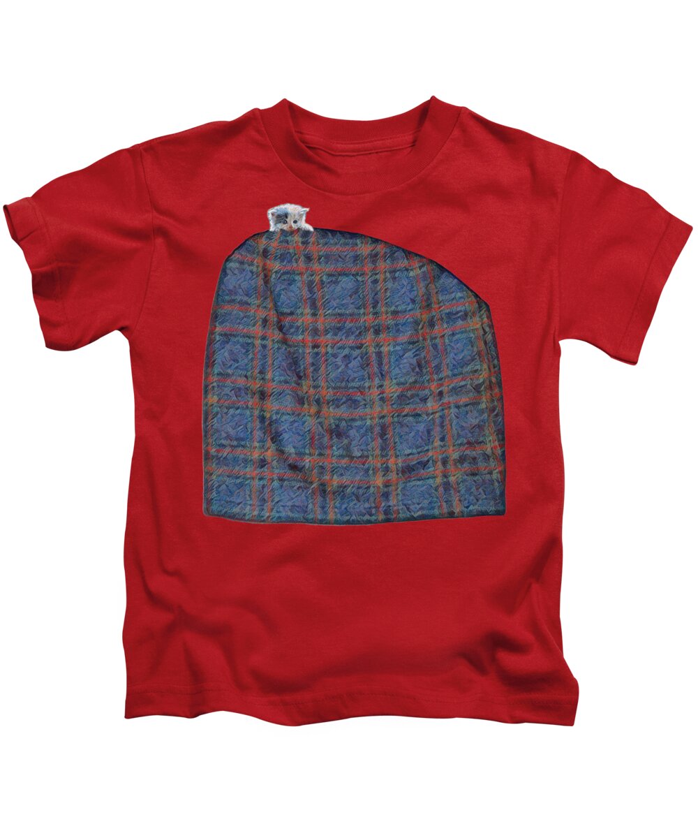 Tartan Kids T-Shirt featuring the digital art Tartan Blanket with Kitten by Gaby Ethington