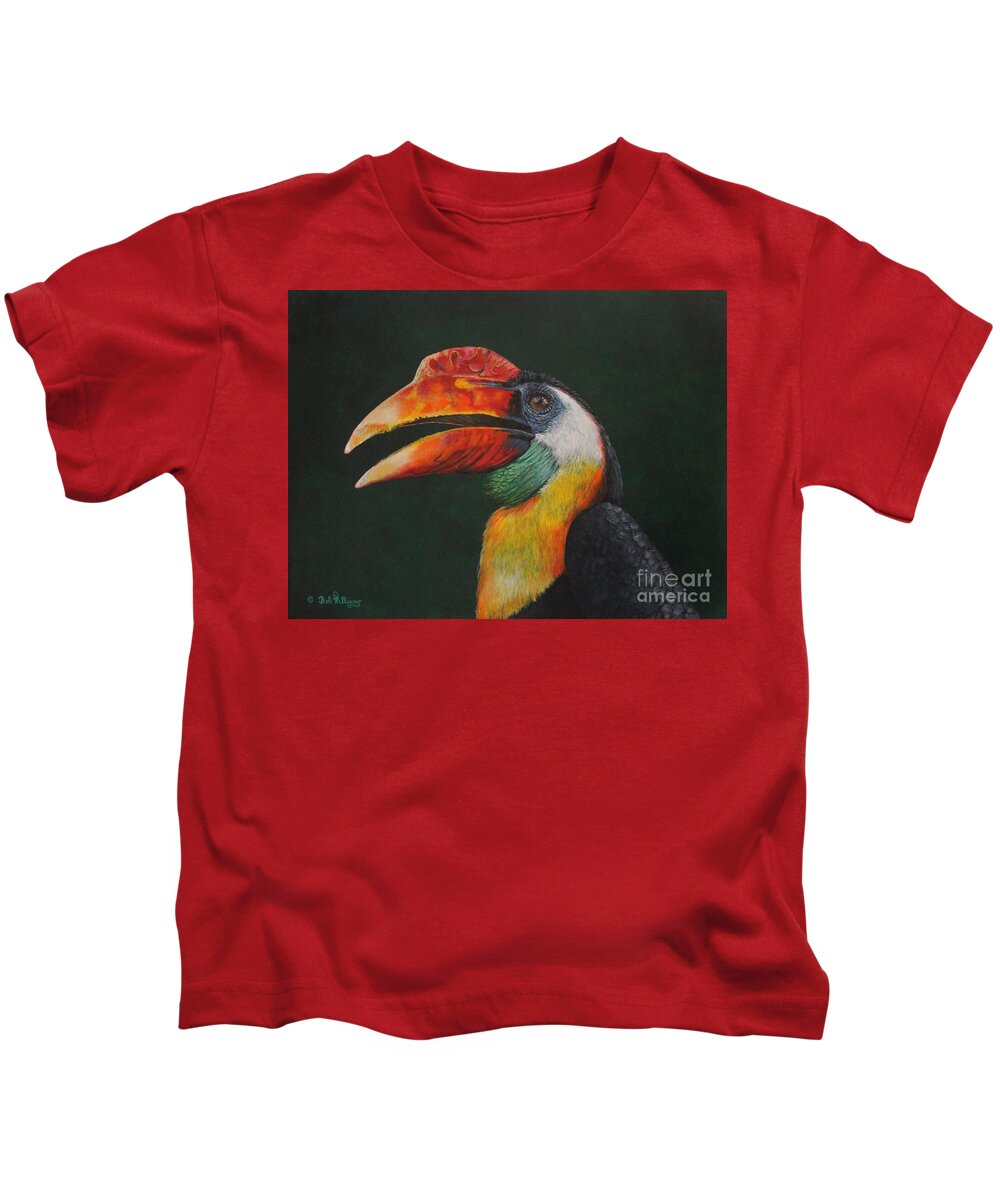 Horn Bill Kids T-Shirt featuring the painting The Wrinkled Hornbill by Bob Williams