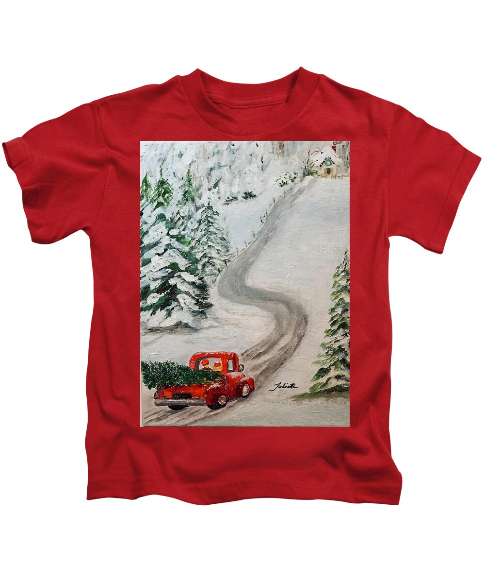 Red Truck Kids T-Shirt featuring the painting To Grandmothers House We Go by Juliette Becker
