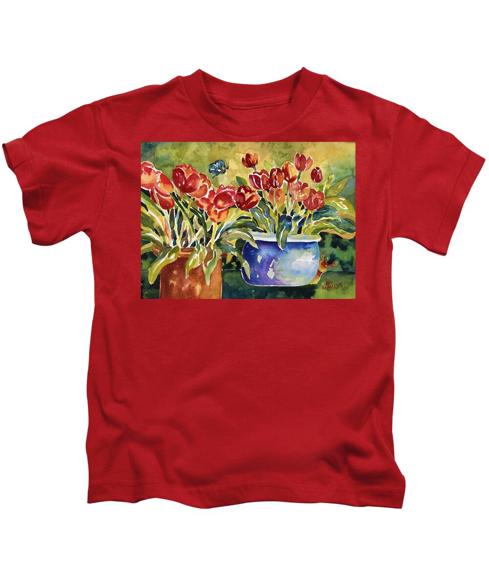 Red Tulips Kids T-Shirt featuring the painting Tulips in Pots by Ann Nicholson