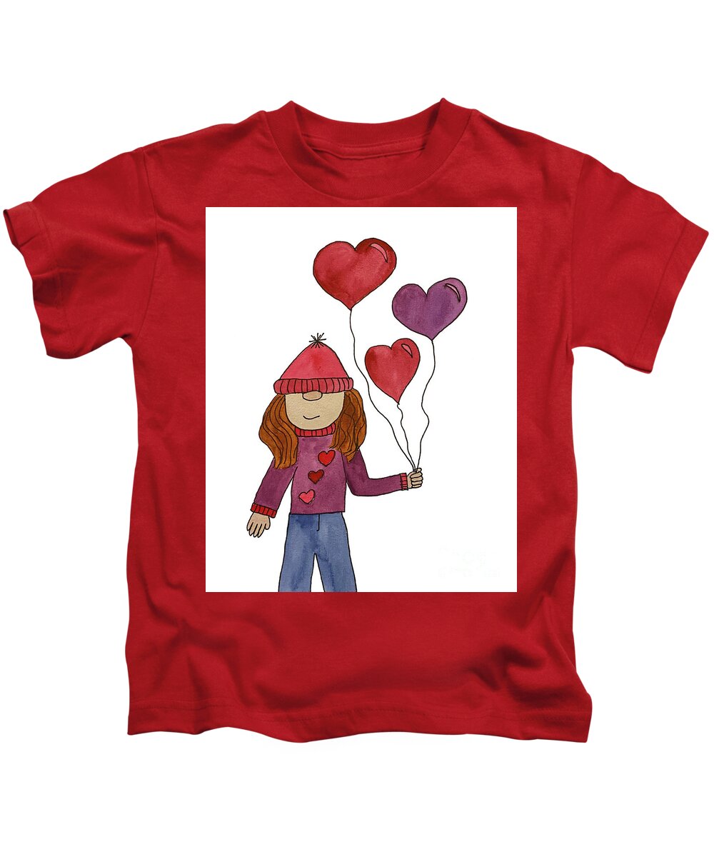 Valentine's Day Kids T-Shirt featuring the mixed media Valentine's Day Girl Gnome by Lisa Neuman