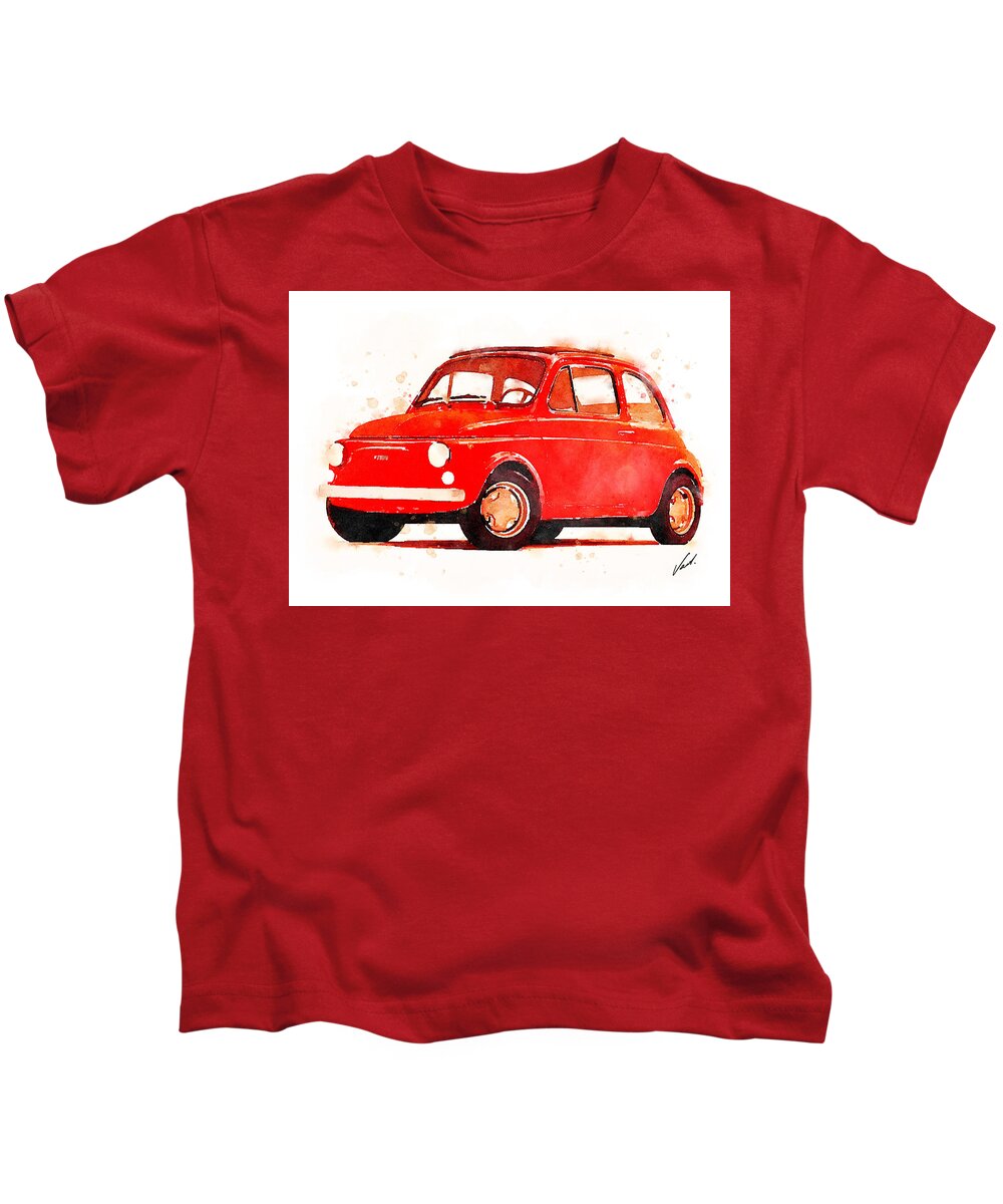 Watercolor Kids T-Shirt featuring the painting Watercolor classic Fiat 500 by Vart by Vart