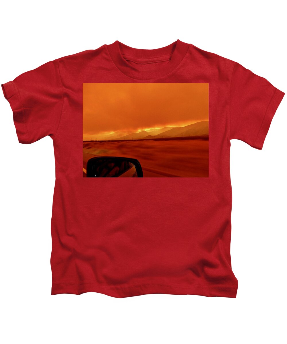 Wildfires 2020 Kids T-Shirt featuring the photograph Wildfire Glow evacuating on Hwy395 by Amelia Racca