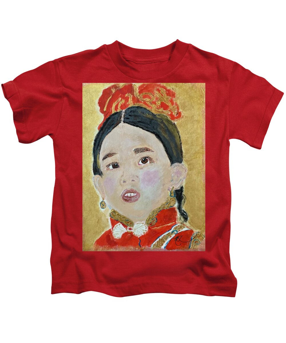 Girl Kids T-Shirt featuring the painting Asian Girl At Chinese New Year Eyes Full Of Wonder by Melody Fowler