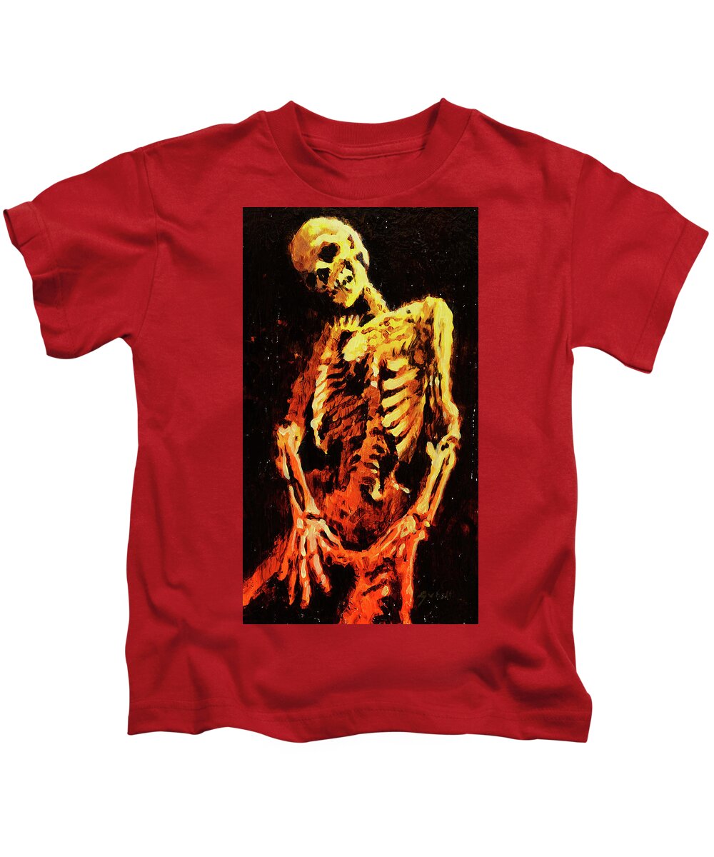 Skeleton Kids T-Shirt featuring the painting Yellow Skeleton by Sv Bell
