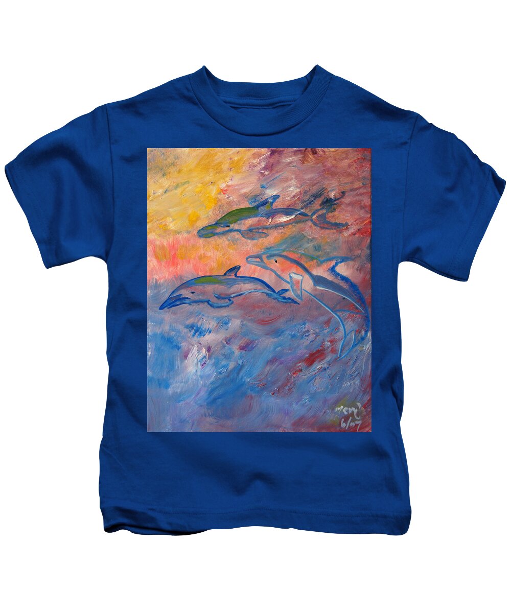 Dolphins Kids T-Shirt featuring the painting Soaring Dolphins by Meryl Goudey