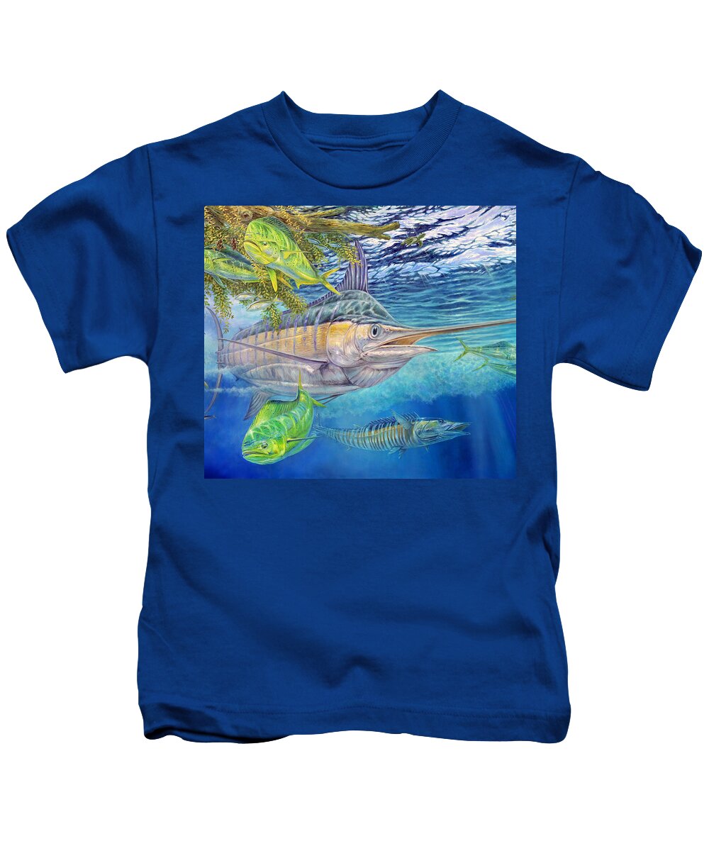 Blue Marlin Kids T-Shirt featuring the painting Big Blue Hunting In The Weeds by Terry Fox
