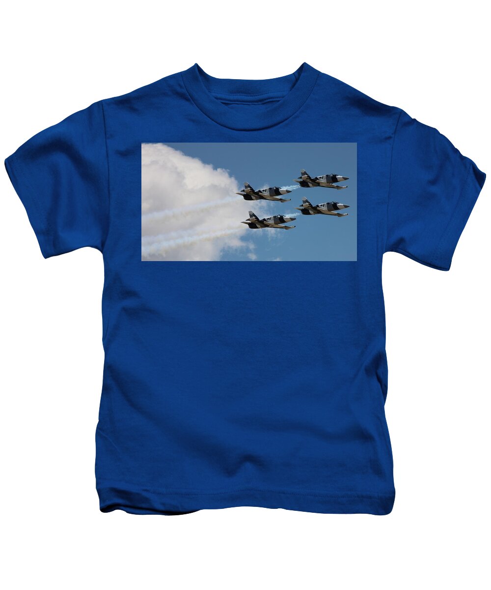 Black Diamond Jet Team Kids T-Shirt featuring the photograph Black Diamond L-39s in Flight by Josh Bryant