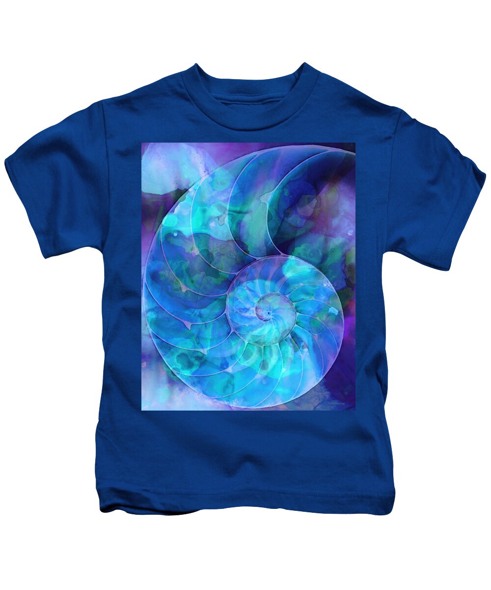 Blue Kids T-Shirt featuring the painting Blue Nautilus Shell By Sharon Cummings by Sharon Cummings