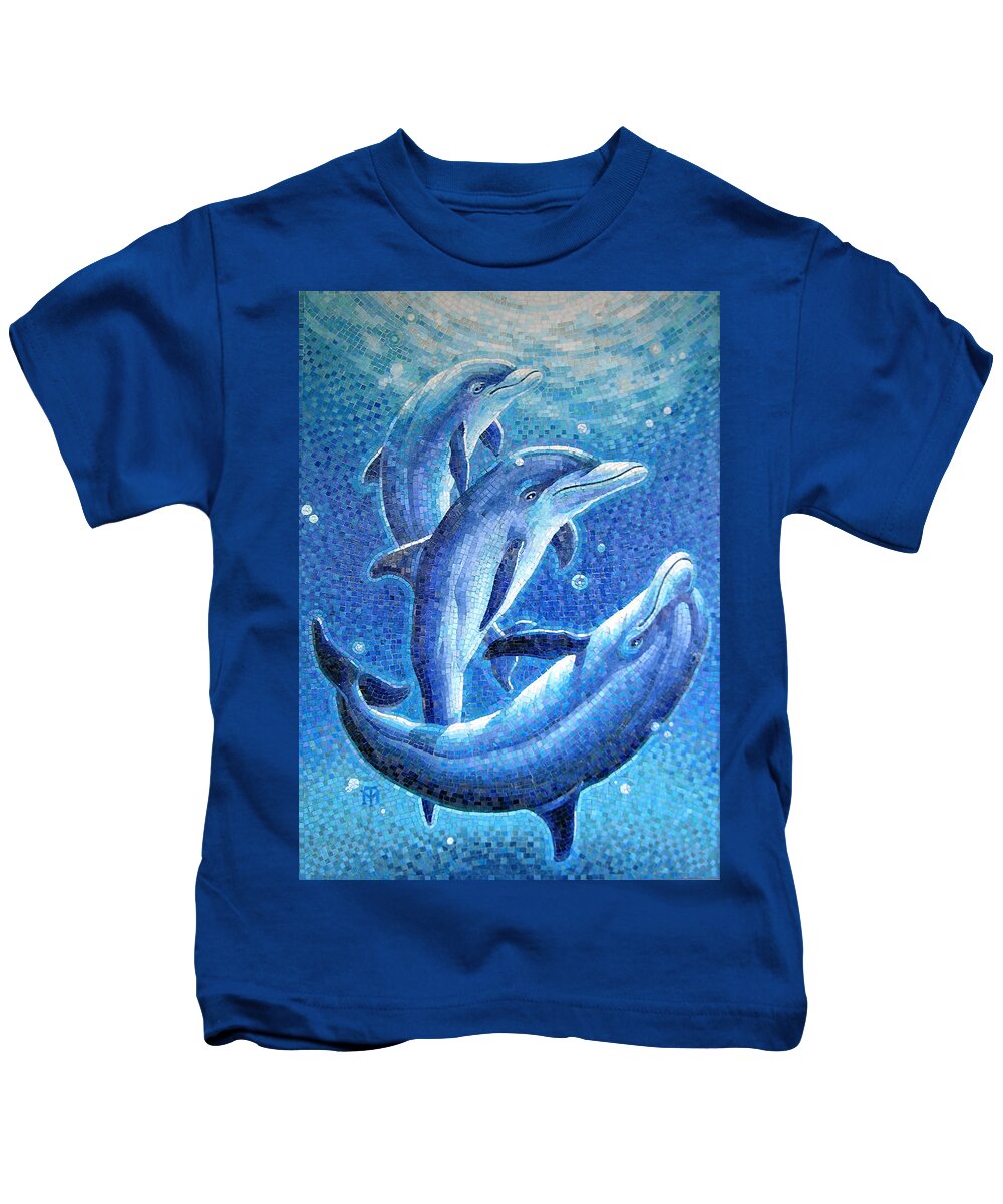 Playful Kids T-Shirt featuring the painting Dolphin Trio by Mia Tavonatti