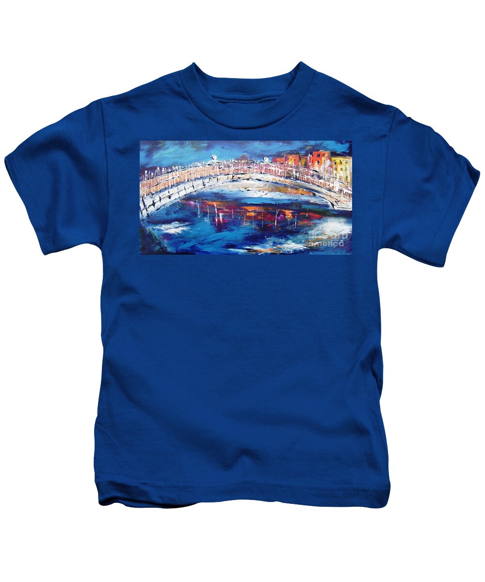 Dublin Kids T-Shirt featuring the painting Dublin bridge panorama by Mary Cahalan Lee - aka PIXI