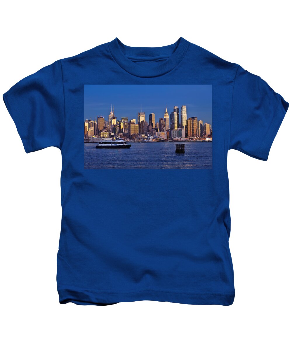 Best New York Skyline Photos Kids T-Shirt featuring the photograph Ferry past Manhattan by Mitchell R Grosky