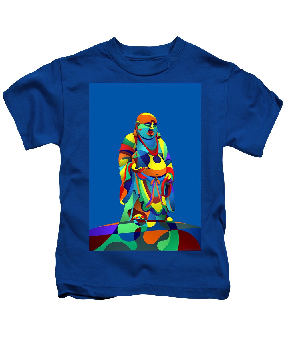 Laughing Buddha Kids T-Shirt featuring the digital art Laughing Buddha Blue by Randall J Henrie