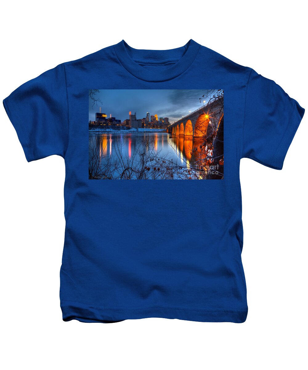 Minneapolis Skyline Kids T-Shirt featuring the photograph Minneapolis Skyline Images Stone Arch Bridge Spring Evening by Wayne Moran