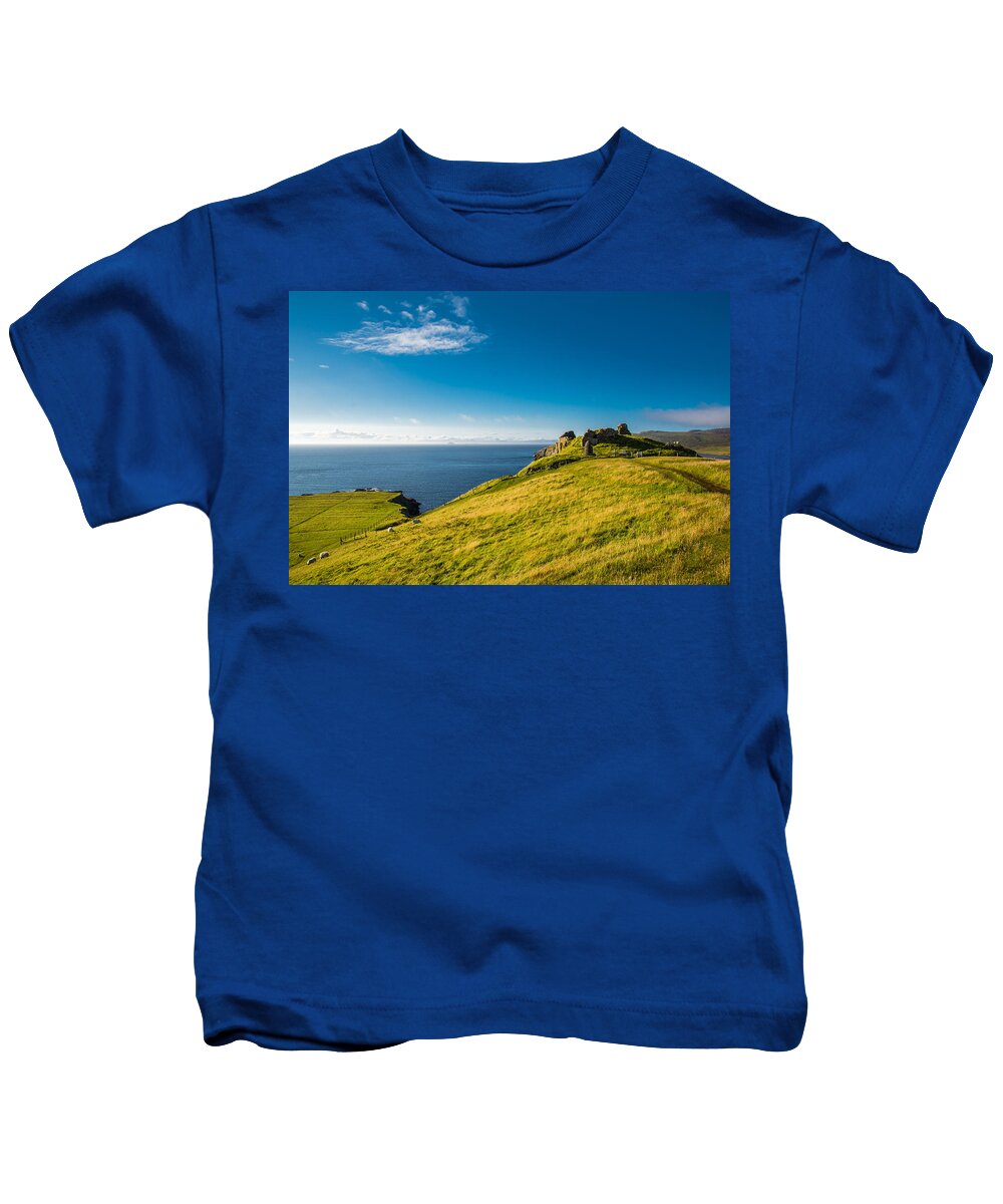 Scotland Kids T-Shirt featuring the photograph Scottish Coast With Castle Ruin by Andreas Berthold
