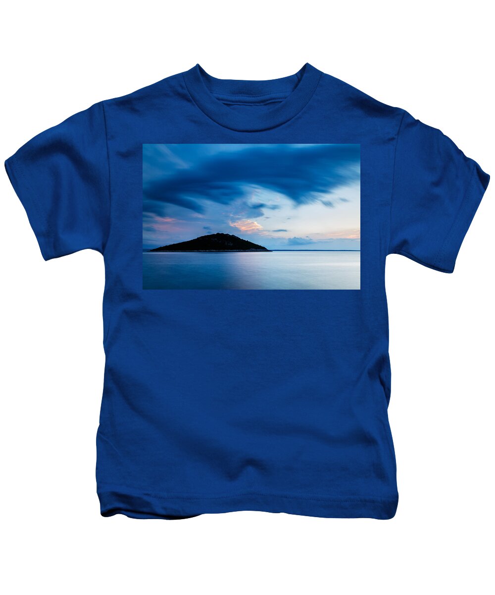 Croatia Kids T-Shirt featuring the photograph Storm moving in over Veli Osir Island at sunrise by Ian Middleton