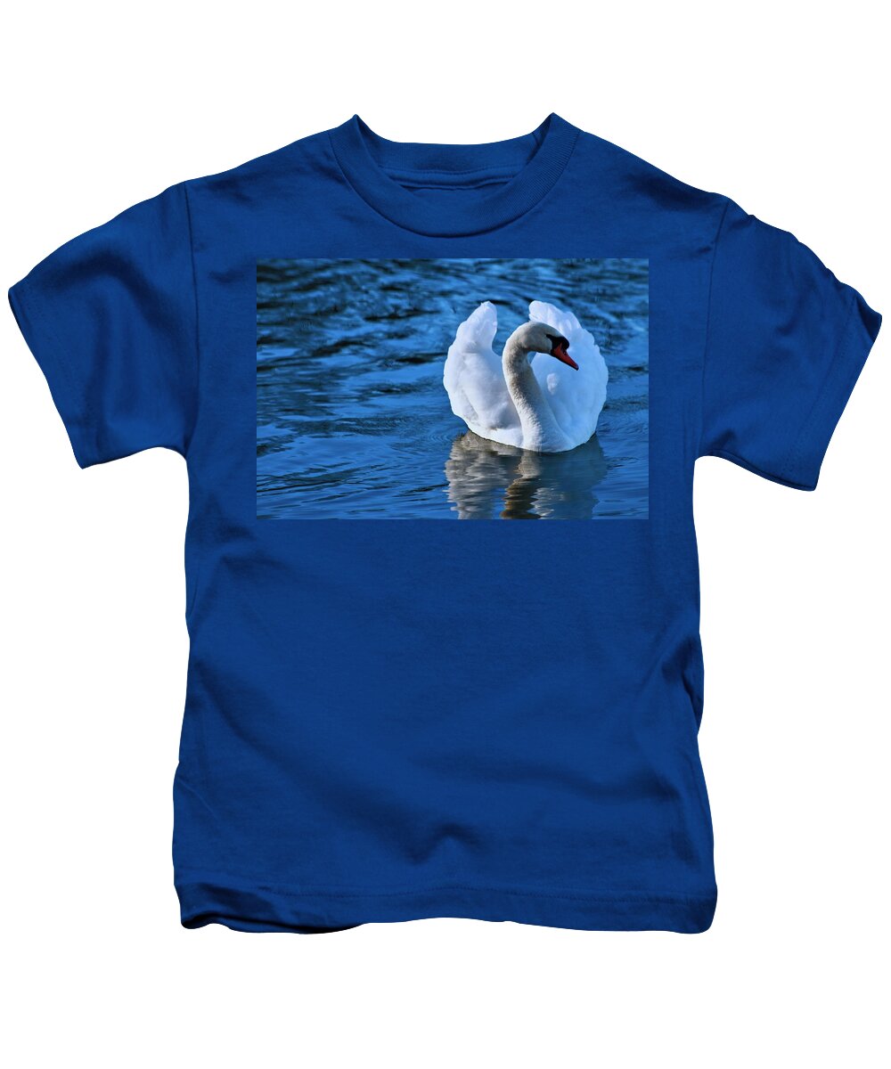 Carl R Montoya Kids T-Shirt featuring the photograph Swan in Blue Waters by Carol Montoya