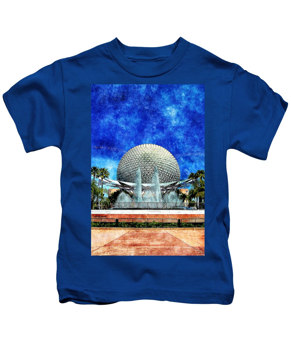 Disney Kids T-Shirt featuring the digital art Spaceship Earth and Fountain of Nations #2 by Sandy MacGowan