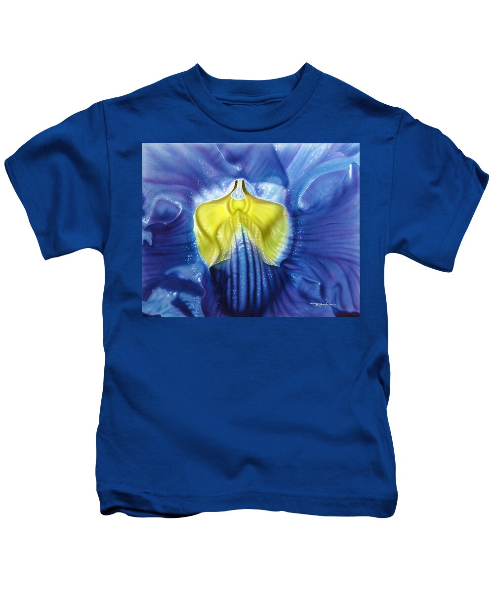 Blue And Yellow Orchids/orchids/blue/yellow/flowers Kids T-Shirt featuring the painting Yellow And Blue by Dan Menta