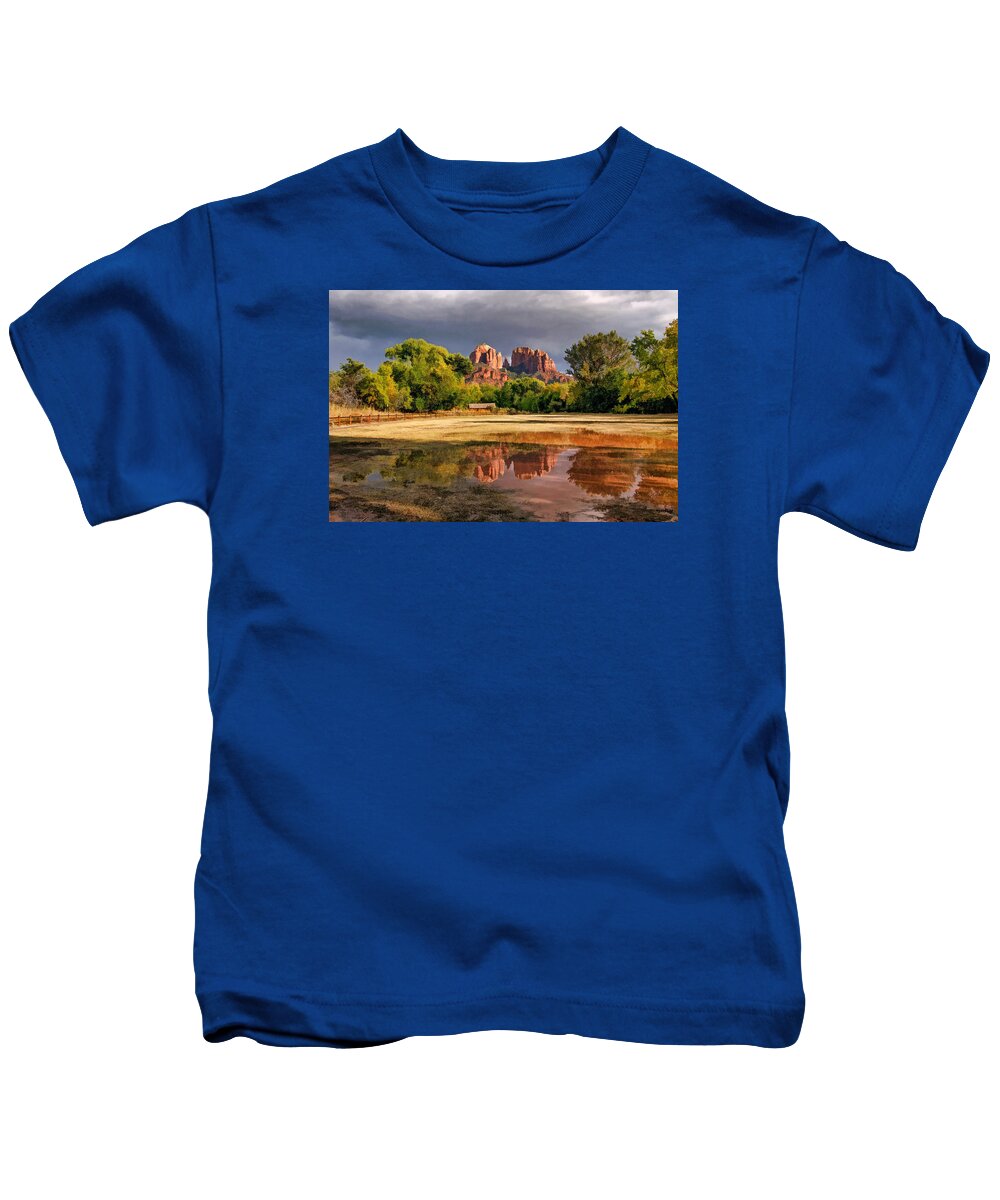Cathedral Rock Kids T-Shirt featuring the photograph A Light in Darkness #1 by Leda Robertson