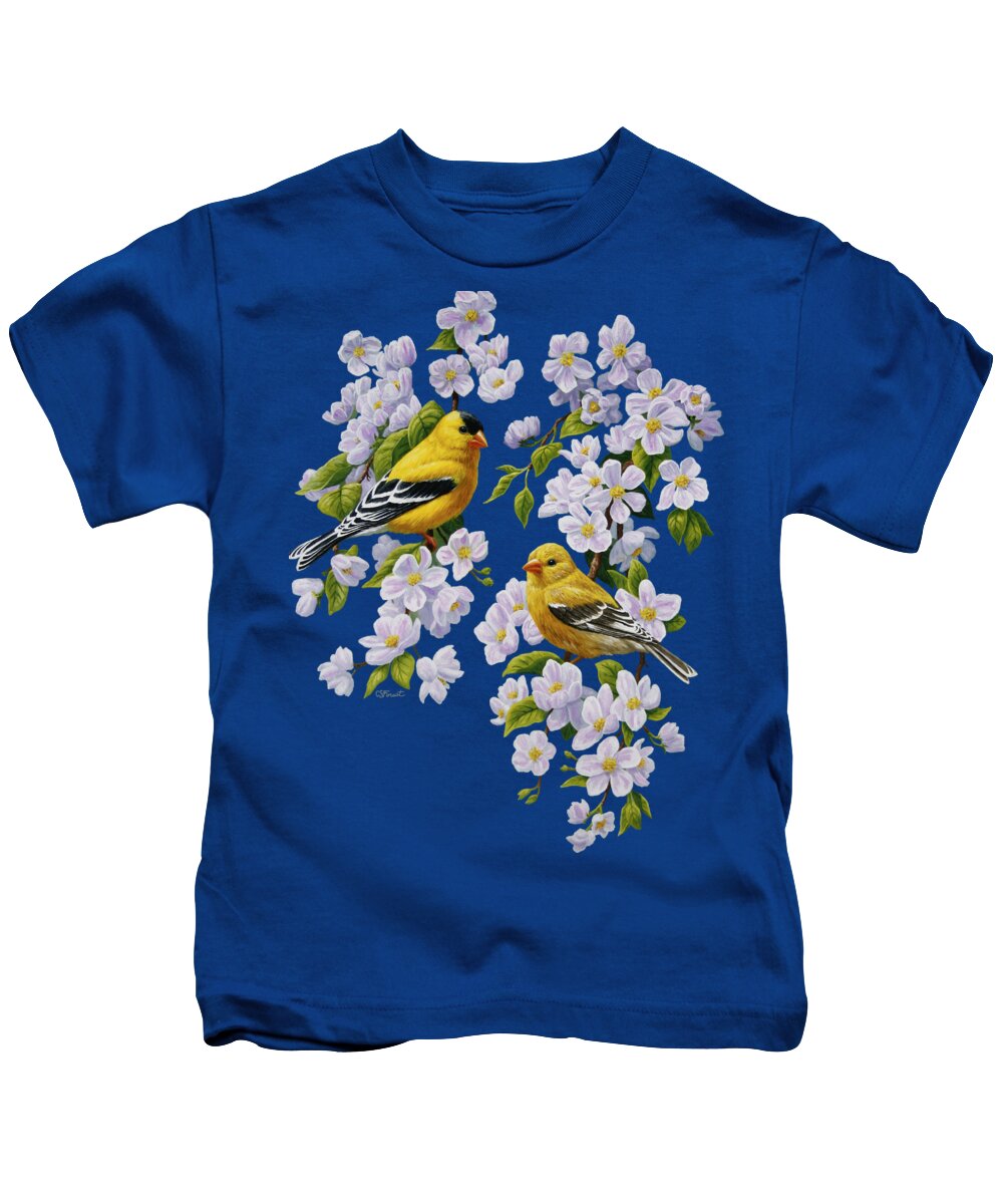 Bird Kids T-Shirt featuring the painting American Goldfinches and Apple Blossoms by Crista Forest