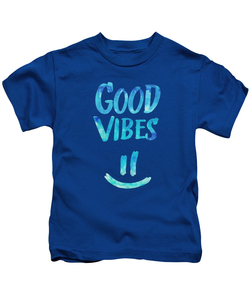 Good Vibes Kids T-Shirt featuring the digital art Good Vibes Funny Smiley Statement Happy Face Blue Stars Edit by Philipp Rietz