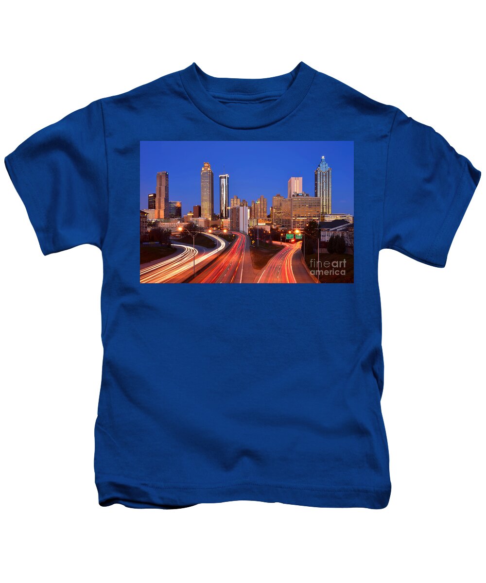Atlanta Kids T-Shirt featuring the photograph Atlanta Skyline in Morning Downtown Light trails Color by Jon Holiday