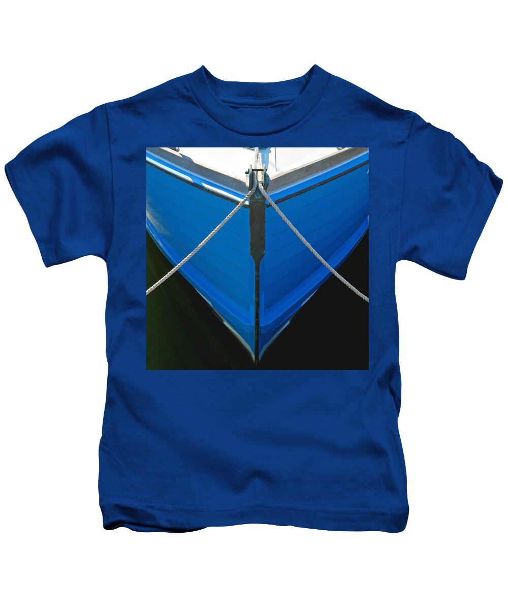 Charles Harden Kids T-Shirt featuring the photograph Vintage Old Blue Wooden Boat Bow by Charles Harden