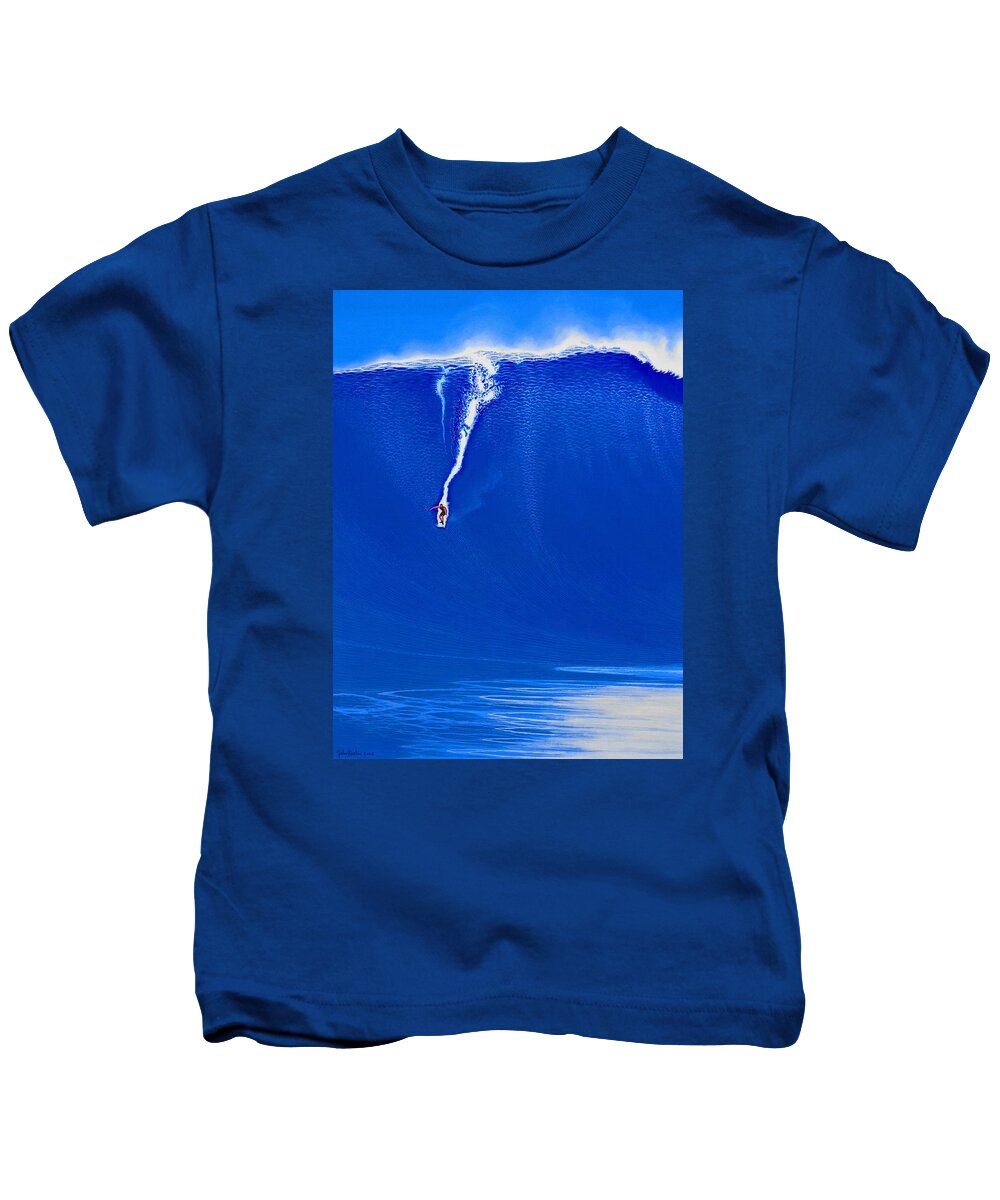 Surfing Kids T-Shirt featuring the painting Jaws Way Outside on 1-28-1998 by John Kaelin