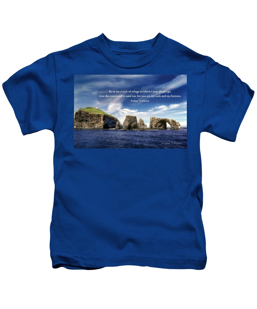 Photograph Kids T-Shirt featuring the photograph Channel Island National Park - Anacapa Island Arch with Bible Verse by John A Rodriguez