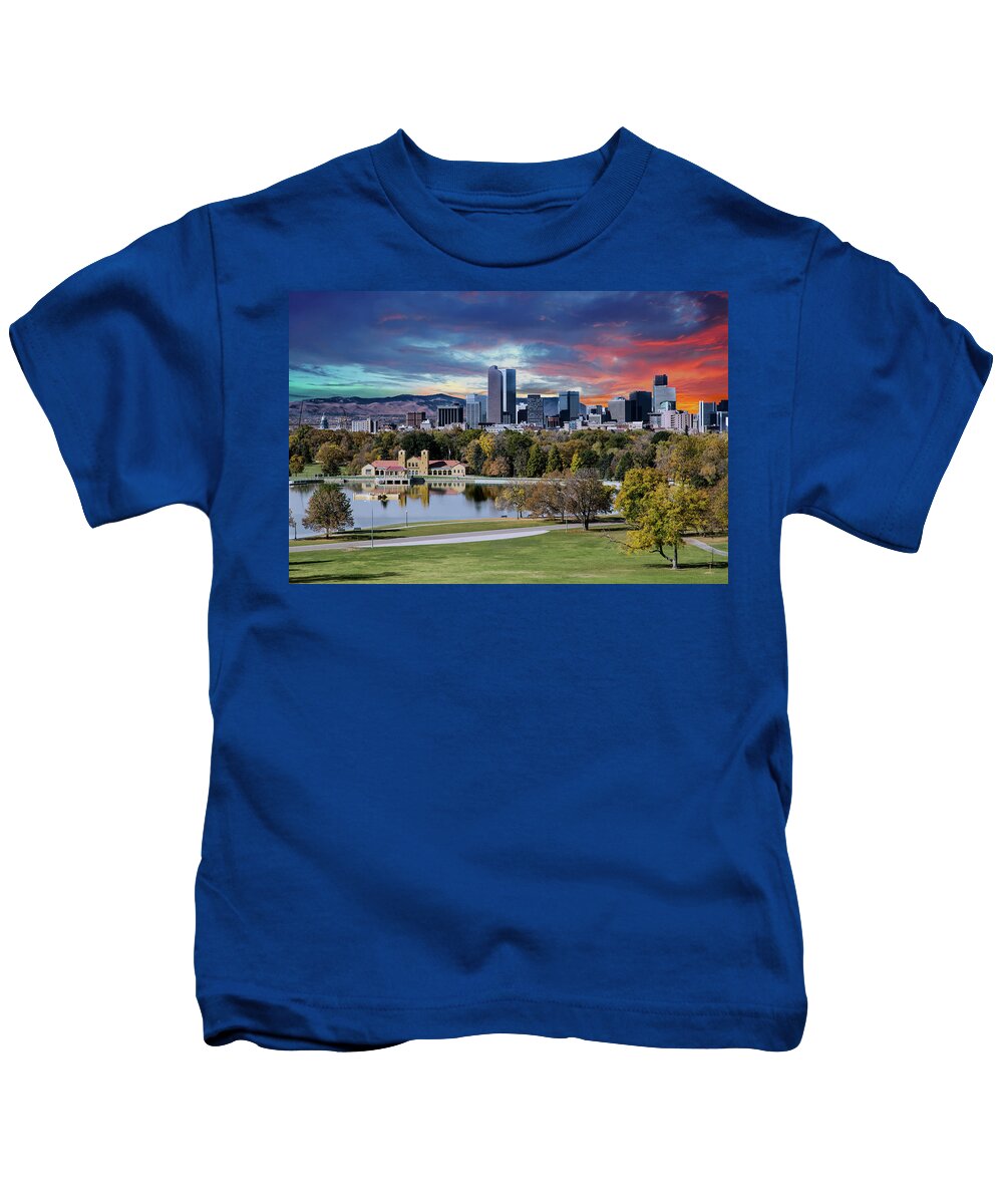 Denver Kids T-Shirt featuring the photograph Denver Skyline and Mountains Beyond Lake by Darryl Brooks