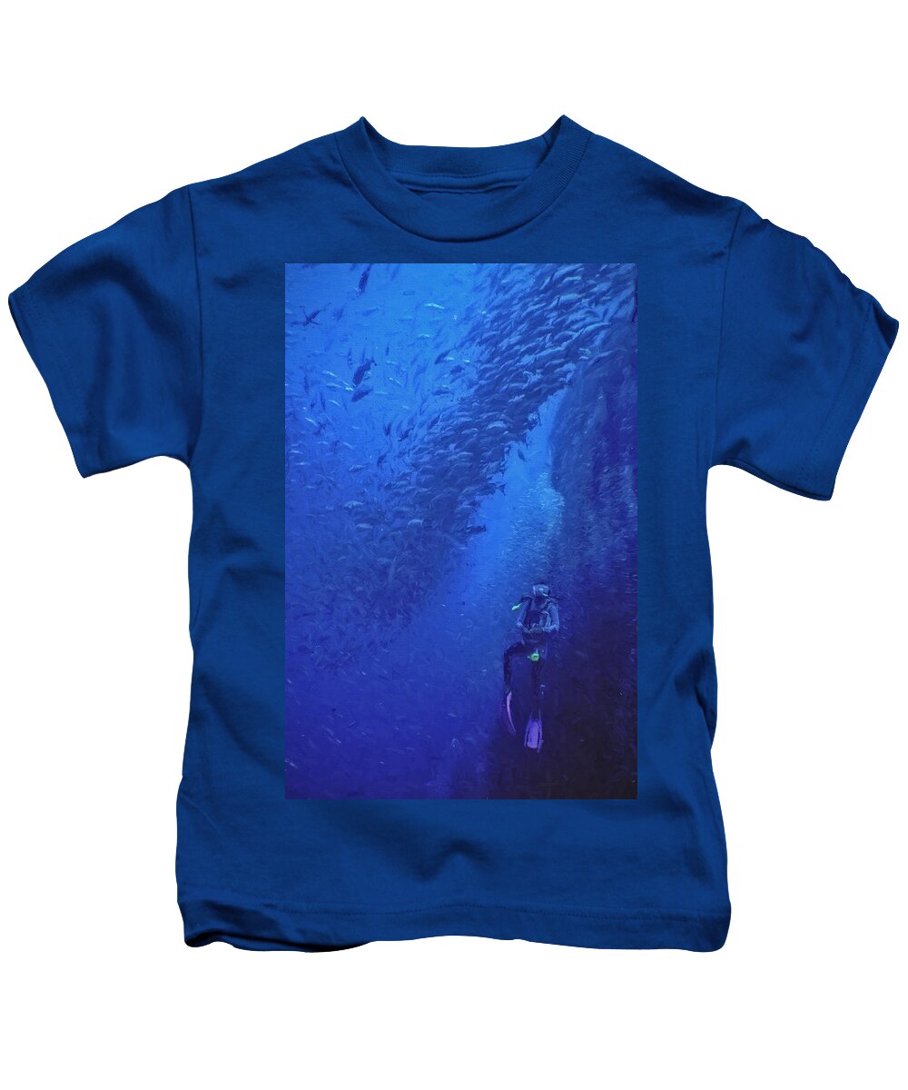 Egypt Kids T-Shirt featuring the digital art Diver with Shoal of Fish by Roy Pedersen