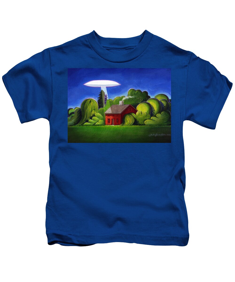 Deecken Kids T-Shirt featuring the painting Feline UFO Abduction by John Deecken