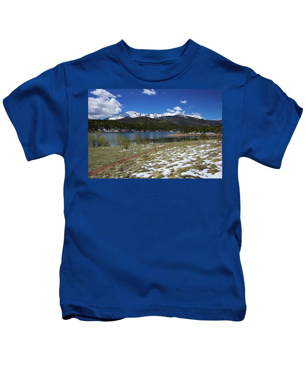 2017 Kids T-Shirt featuring the photograph Fresh Snow Along the Banks of Crystal Creek Reservoir with Pikes by Bridget Calip