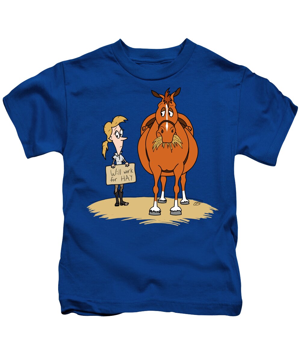 Horse Kids T-Shirt featuring the painting Funny Fat Cartoon Horse Woman Will Work for Hay by Crista Forest