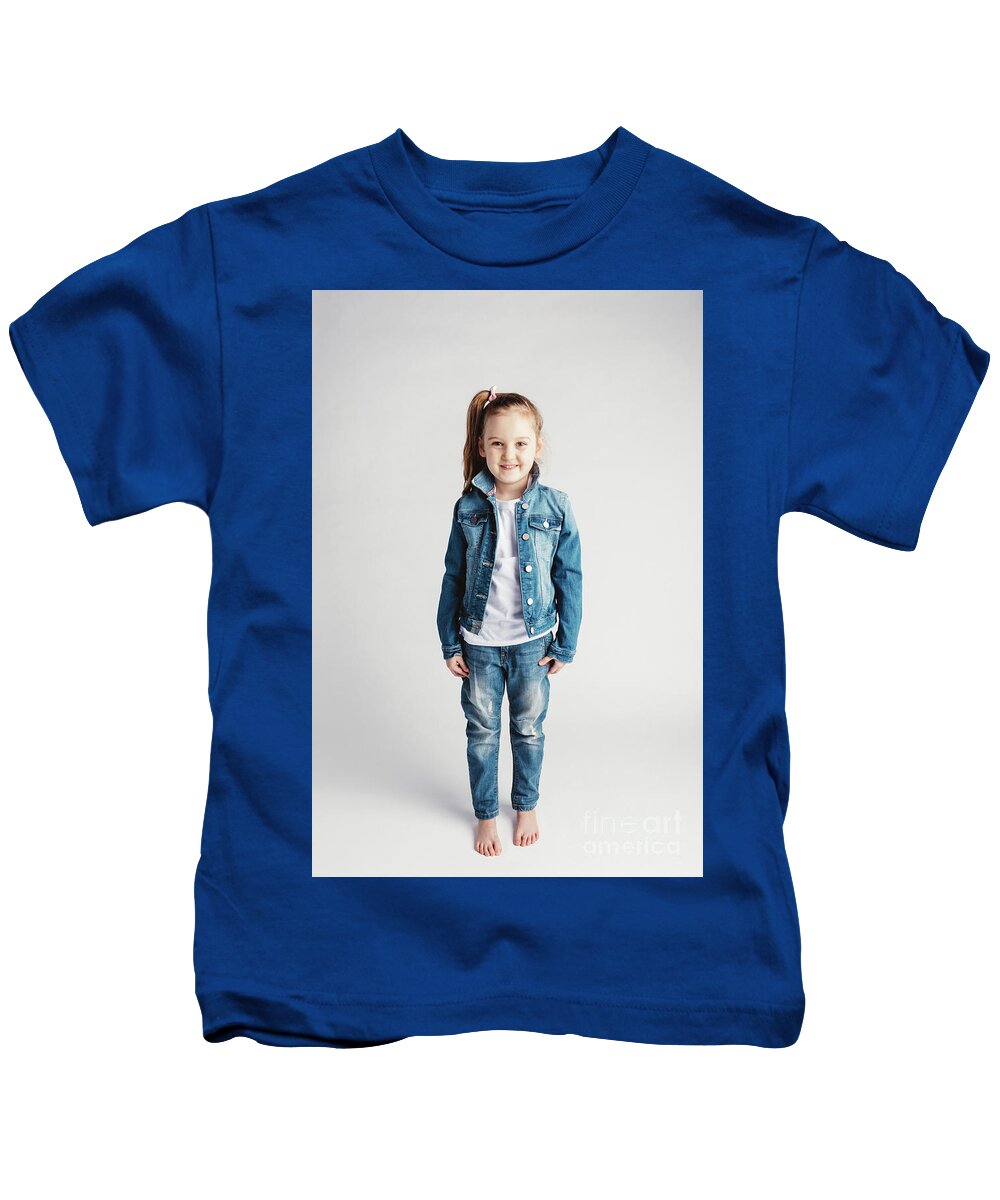 Girl in jeans clothes on white background. Kids T-Shirt by Bednarek - Pixels