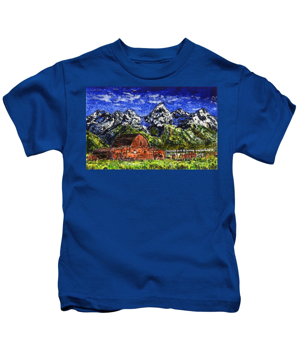 Buffalo Kids T-Shirt featuring the painting Grand Tetons with Buffalo by Phil Strang